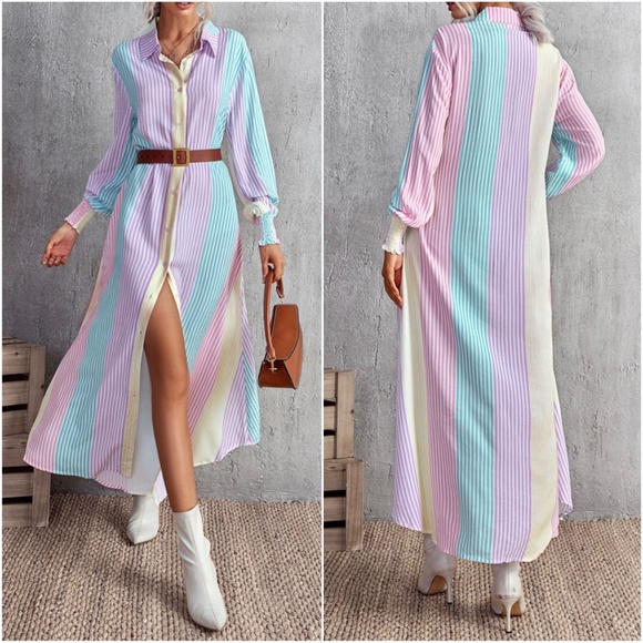 Bohemian Purple Multicolor Stripes Button up Dress - Picture 3 of 3